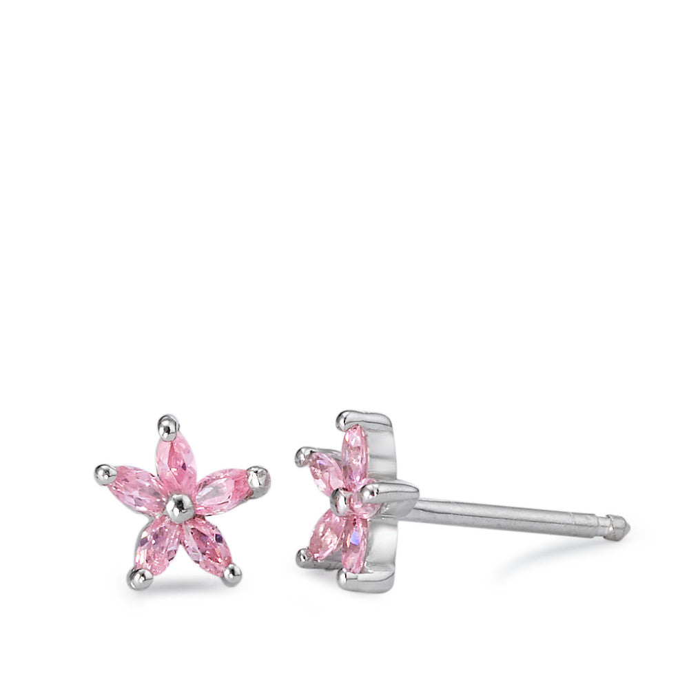 Orecchini a bottone Argento Zirconia rosa, 10 pietra, [Navetteschliff] rodiato