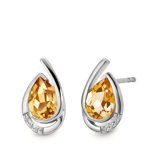 Orecchini a bottone Oro bianco 750/18 carati Citrino cognac, 0.02 ct, 6 pietra, [Brillant], w-si