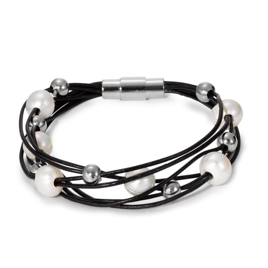 Bracciale Acciaio inossidabile, Pelle Perla coltivata d'acqua dolce 19 cm