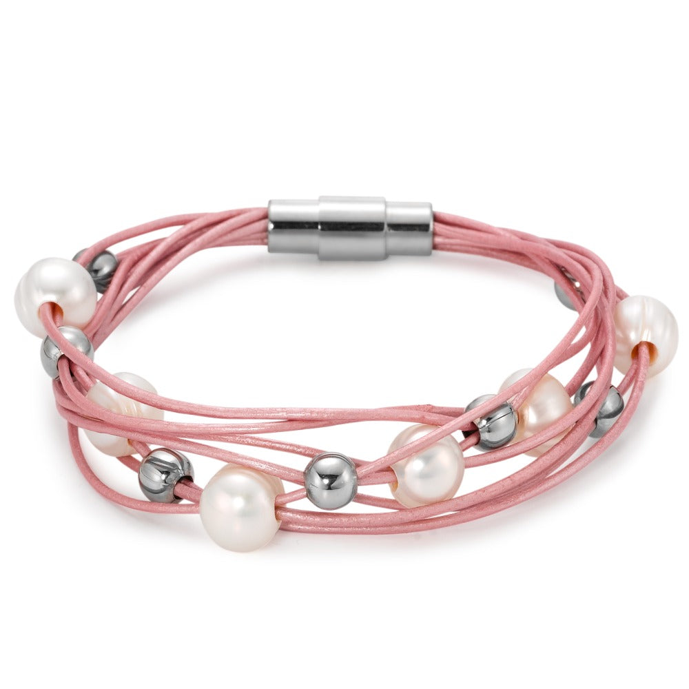 Bracciale Acciaio inossidabile, Pelle Perla coltivata d'acqua dolce 19 cm