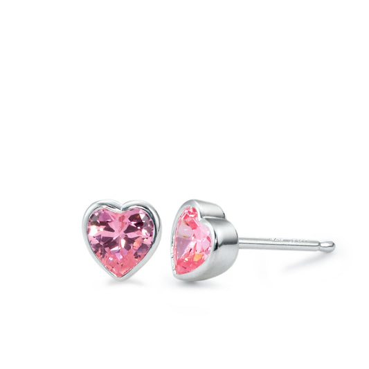 Orecchini a bottone Argento Zirconia rosa, 2 pietra Cuore Ø6 mm