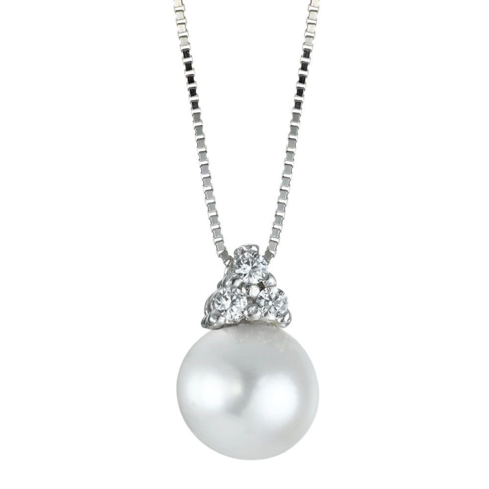 Collana Oro bianco 750/18 carati Zirconia 3 pietra Perla coltivata d'acqua dolce 42 cm