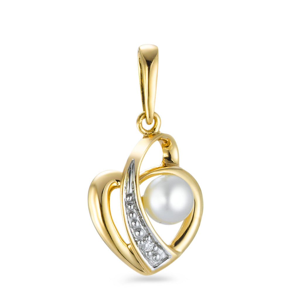 Ciondolo Oro giallo 750/18 carati Diamante 0.005 ct, w-si Perla coltivata d'acqua dolce Cuore