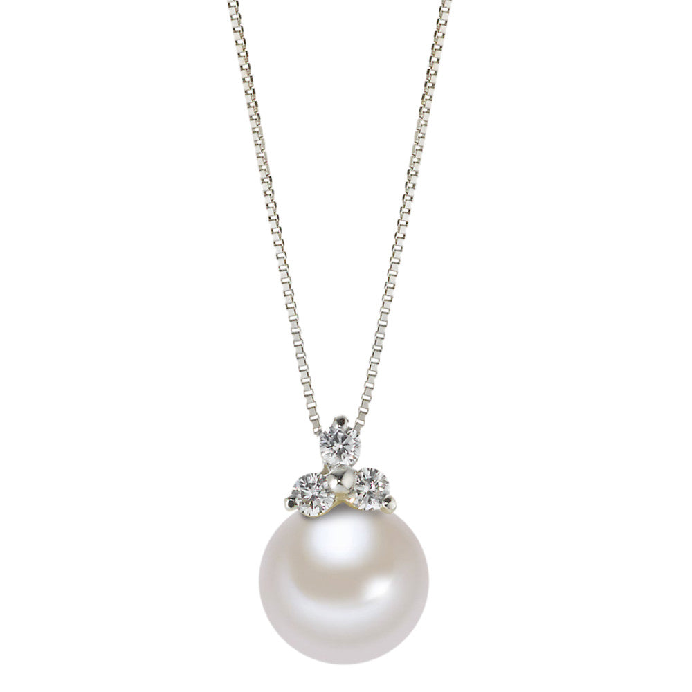 Collana Oro bianco 750/18 carati Zirconia 3 pietra Perla coltivata d'acqua dolce 42 cm