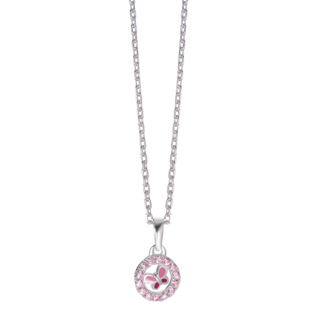 Catena con ciondolo Argento Zirconia rosa laccato Farfalla 36-38 cm Ø8.5 mm