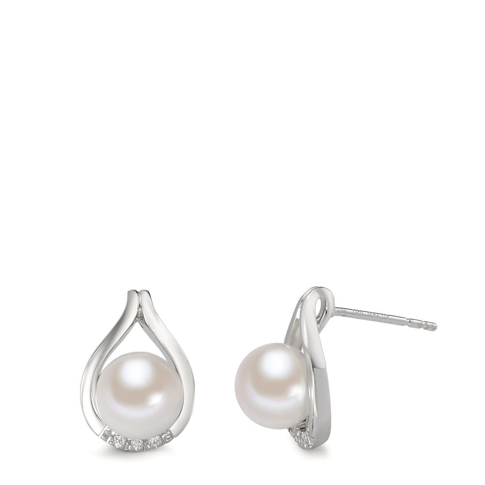 Orecchini Oro bianco 750/18 carati Diamante 0.03 ct, 6 pietra, w-si Perla coltivata d'acqua dolce