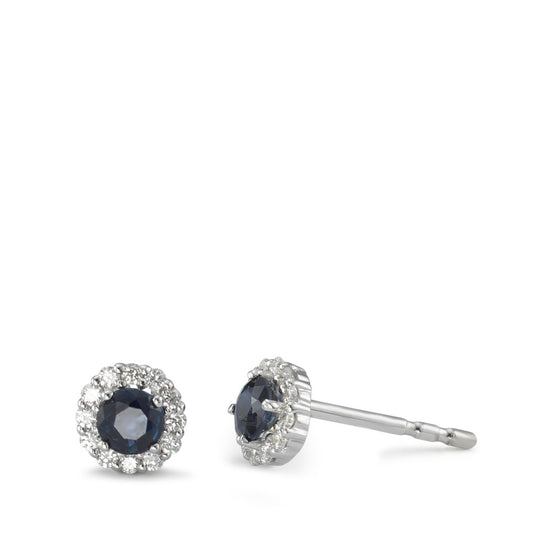 Orecchini a bottone Oro bianco 750/18 carati Zaffiro blu, 2 pietra, Diamante 0.12 ct, 24 pietra, w-si Ø5 mm