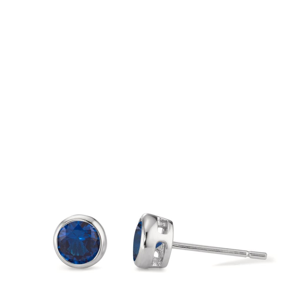 Orecchini a bottone Argento Zirconia blu zaffiro, 2 pietra rodiato Ø6 mm