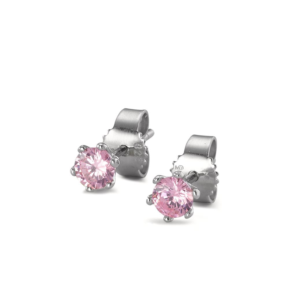 Orecchini a bottone Argento Zirconia rosa, 2 pietra rodiato Ø4.5 mm