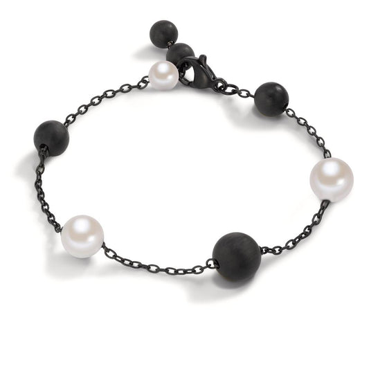 Bracciale Acciaio inossidabile, Alluminio nero rivestimento IP Perla di conchiglia 17-18.5 cm Ø8 mm