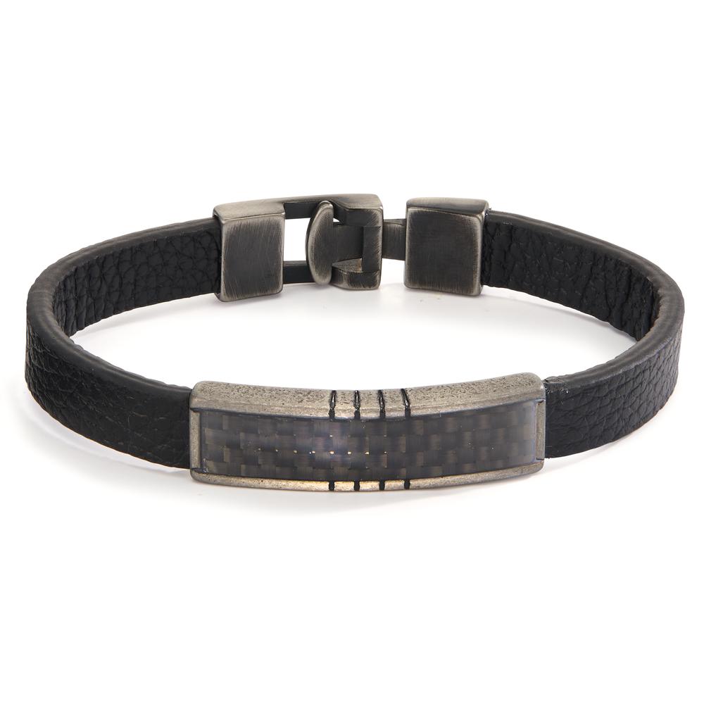 Bracciale Pelle, Acciaio inossidabile, Carbonio nero rivestimento IP 21 cm