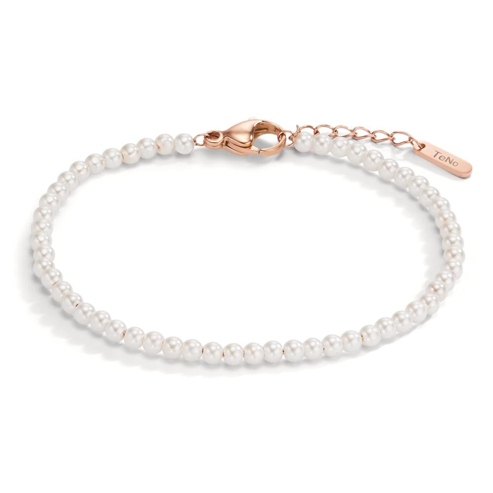 Bracciale Acciaio inossidabile rosa rivestimento IP Perla di conchiglia 17.5-19.5 cm Ø3 mm