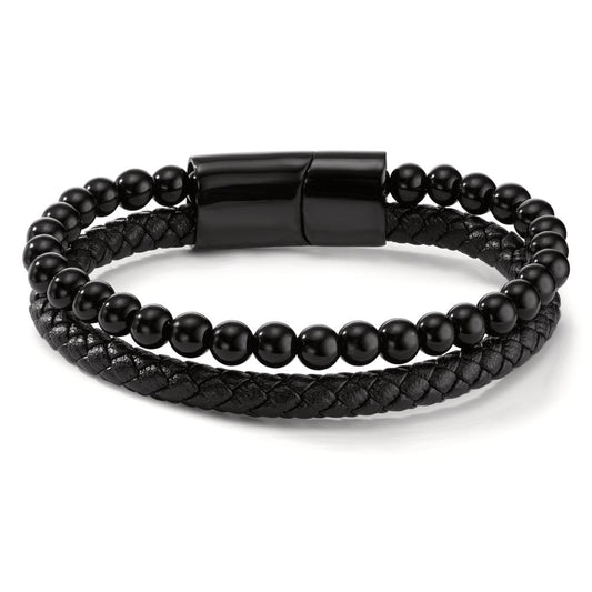 Bracciale Acciaio inossidabile, Pelle [synth. Stein] nero rivestimento IP 20.5 cm