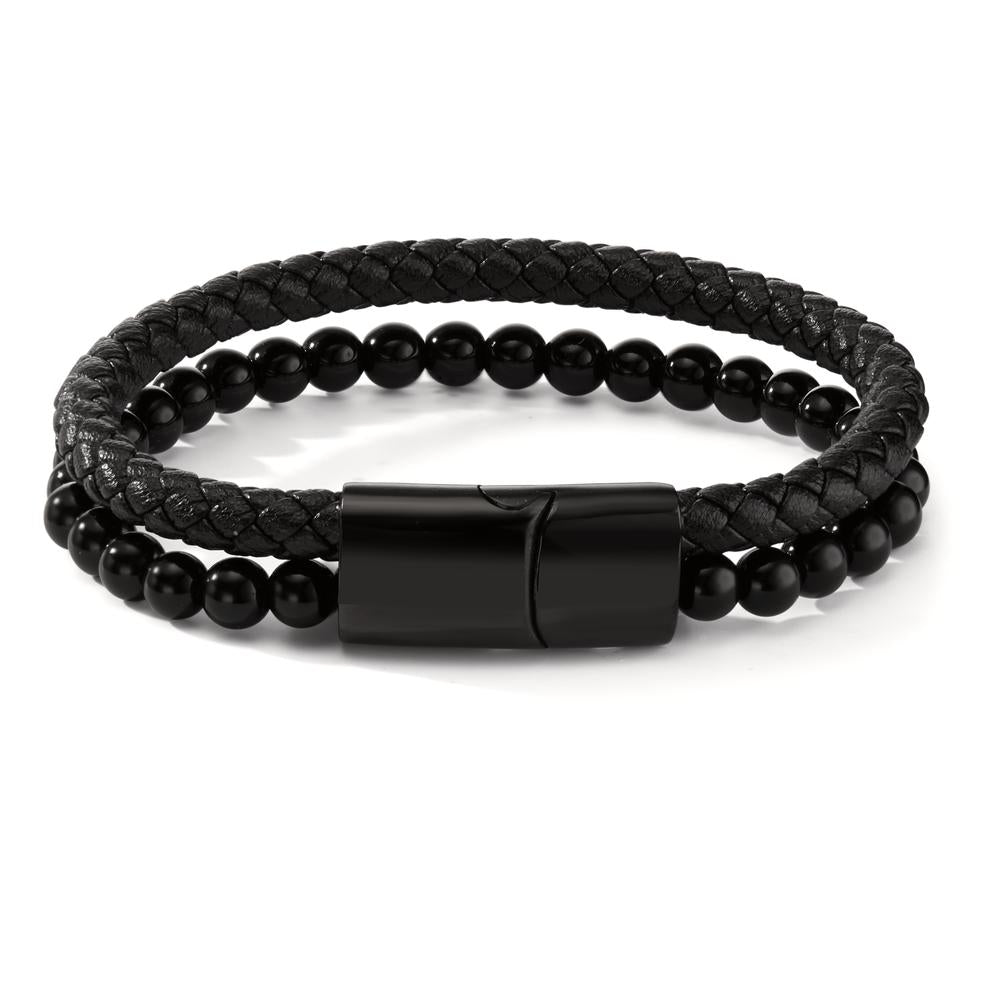 Bracciale Acciaio inossidabile, Pelle Lava nero rivestimento IP 20.5 cm