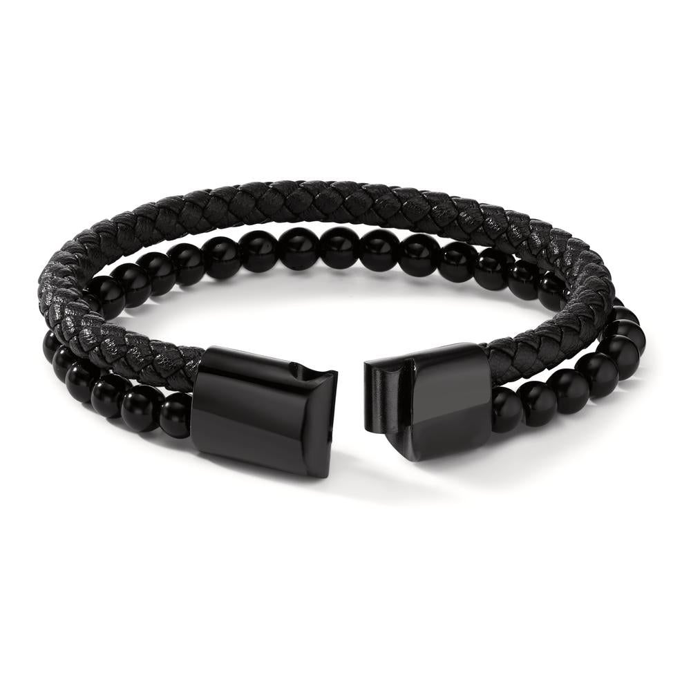 Bracciale Acciaio inossidabile, Pelle Lava nero rivestimento IP 20.5 cm