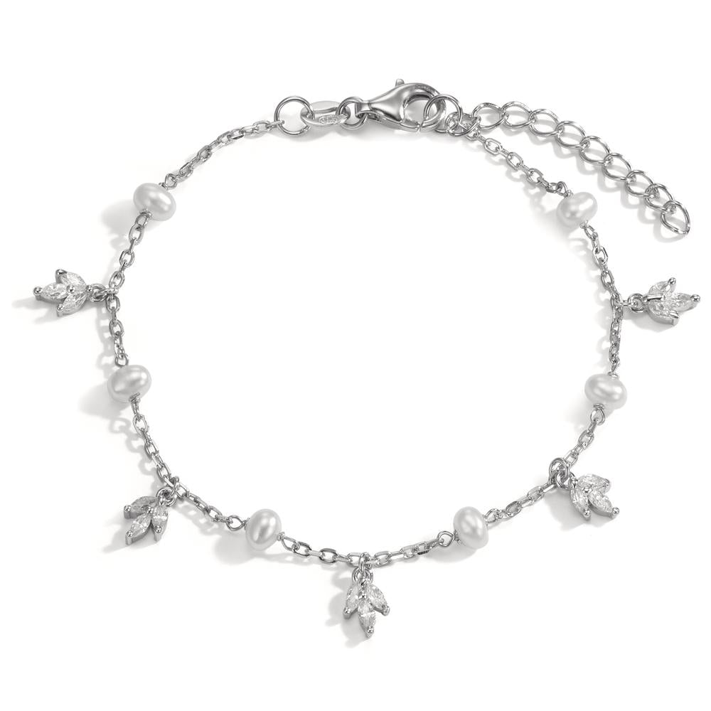 Bracciale Argento Zirconia 15 pietra rodiato Perla coltivata d'acqua dolce 15.5-18.5 cm