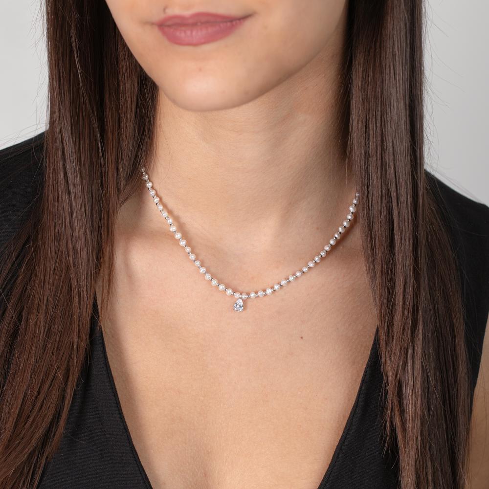 Collana Argento Zirconia rodiato Perla coltivata d'acqua dolce 36-41 cm