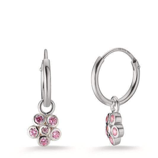 Orecchini a cerchio con pendente Argento Zirconia rosa, 12 pietra rodiato Fiore Ø6 mm