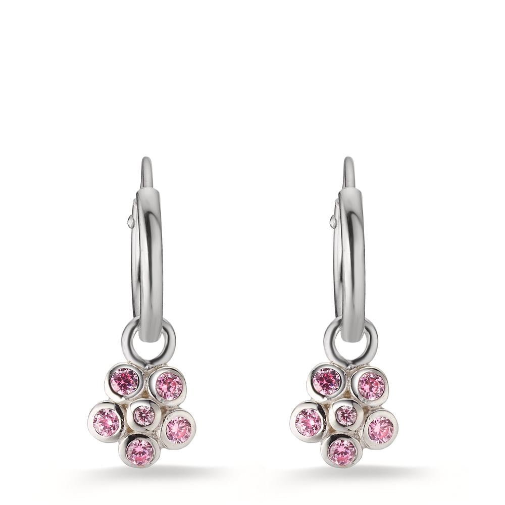 Orecchini a cerchio con pendente Argento Zirconia rosa, 12 pietra rodiato Fiore Ø6 mm