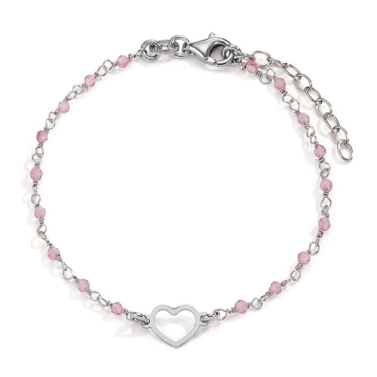 Bracciale Argento Cristallo rosa, 18 pietra rodiato Cuore 15.5-18.5 cm